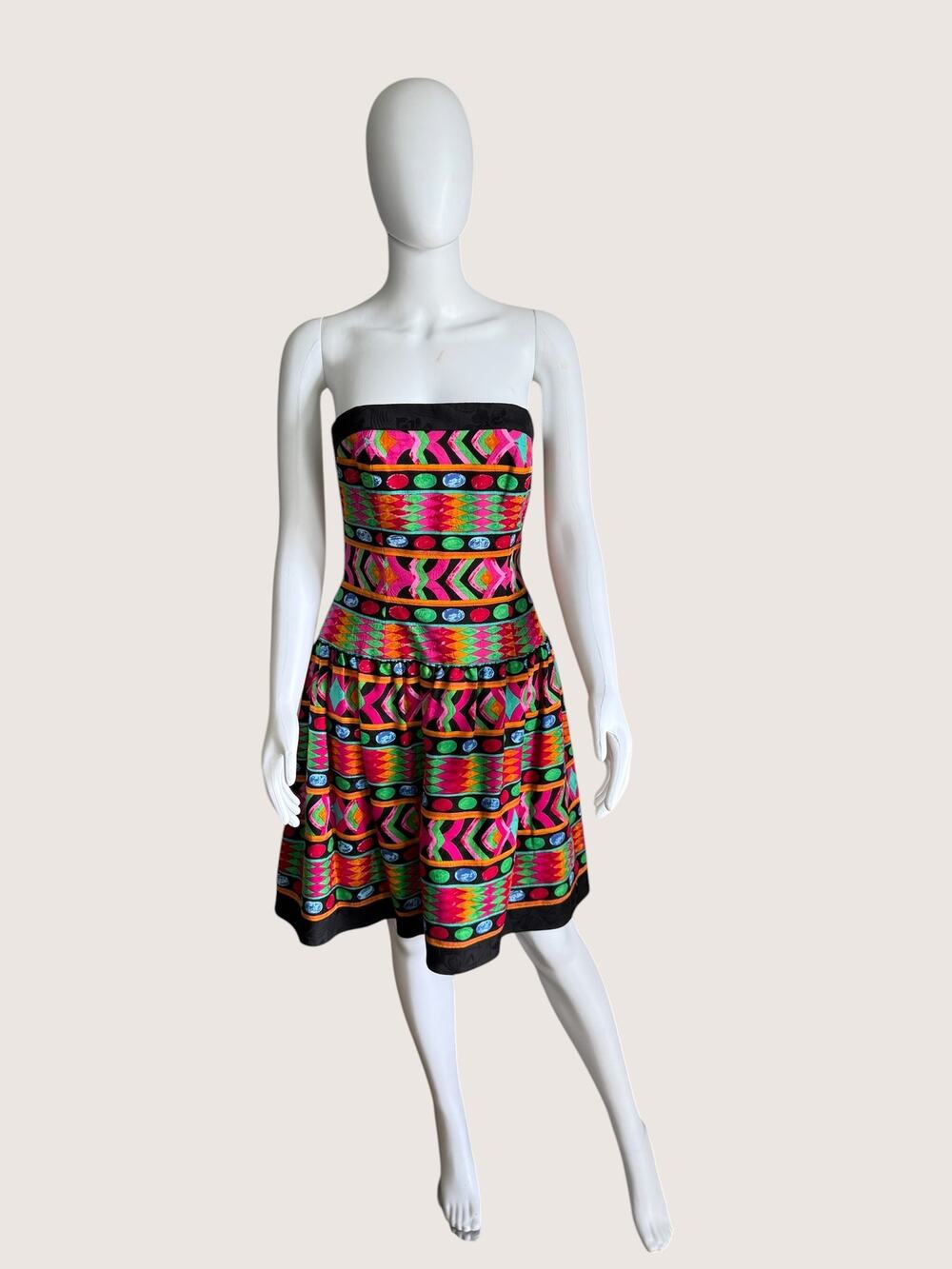 1980’s  Strapless Multicolor Geometric Fit & Flare Dress